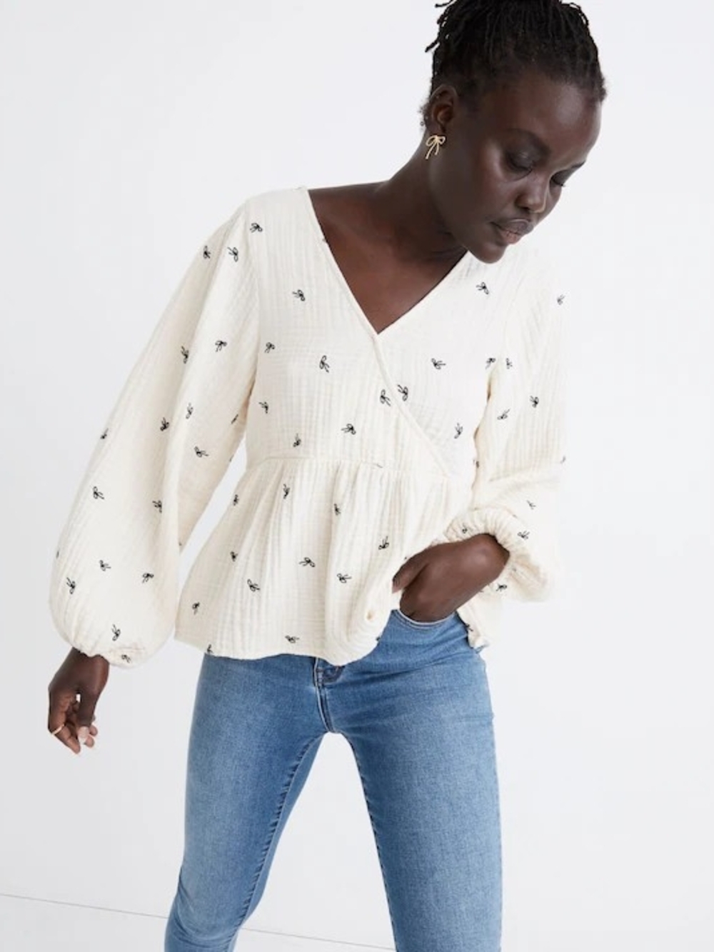 Madewell Cream V-Neck Peplum Top with Black Embroidery